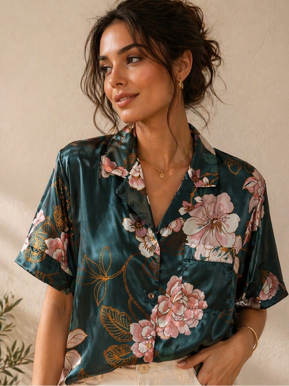 NWOT Lilac+London Satin Floral Button-Up Top in Teal and Pink